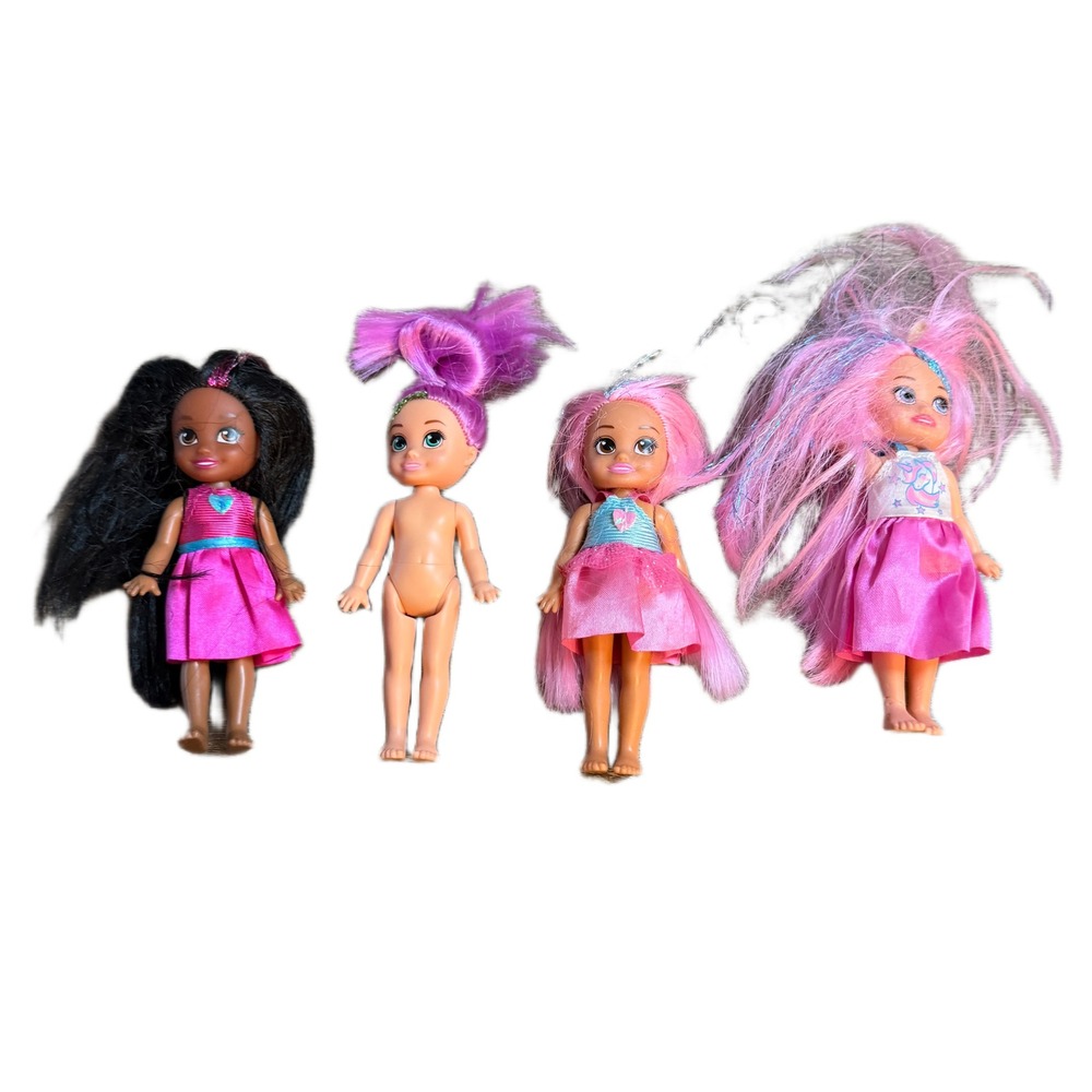 Lot of 4 Mini Fashion Dolls with Tinsel Hair Pink Purple Black Outfits 5 inch